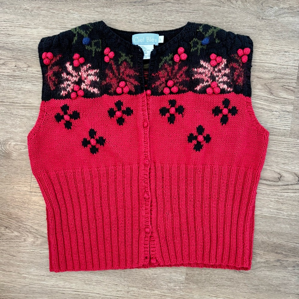 Vintage Ciel Bleu Cottagecore Hand Knit Grandma Sweater Vest with Berry Accents